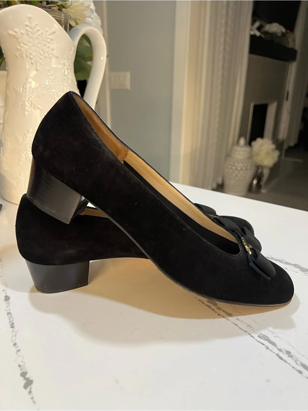 Salvatore Ferragamo Black Suede Vara Bow Pumps with Gold Hardware size W 11.5